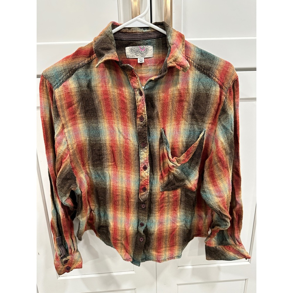 Ecote Plaid Button Up Shirt Women's XS Rayon Long Sleeve Cropped
